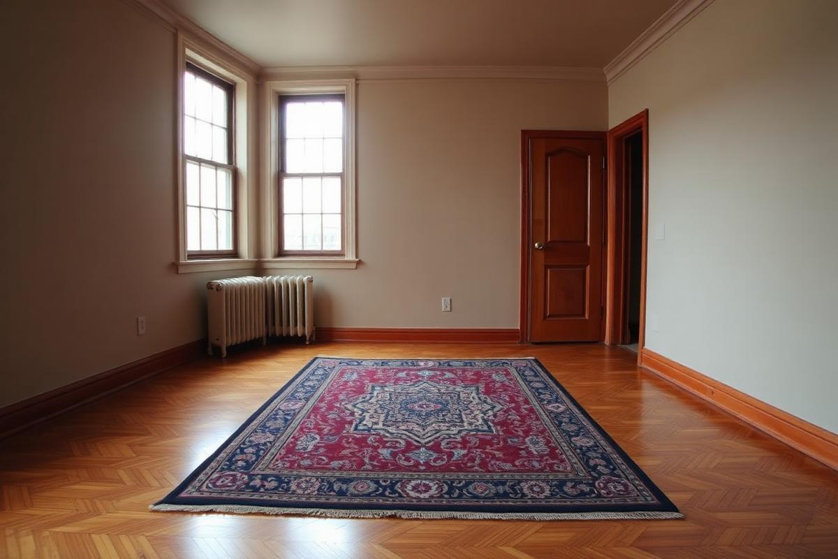 An area rug on a prewar parquet floor