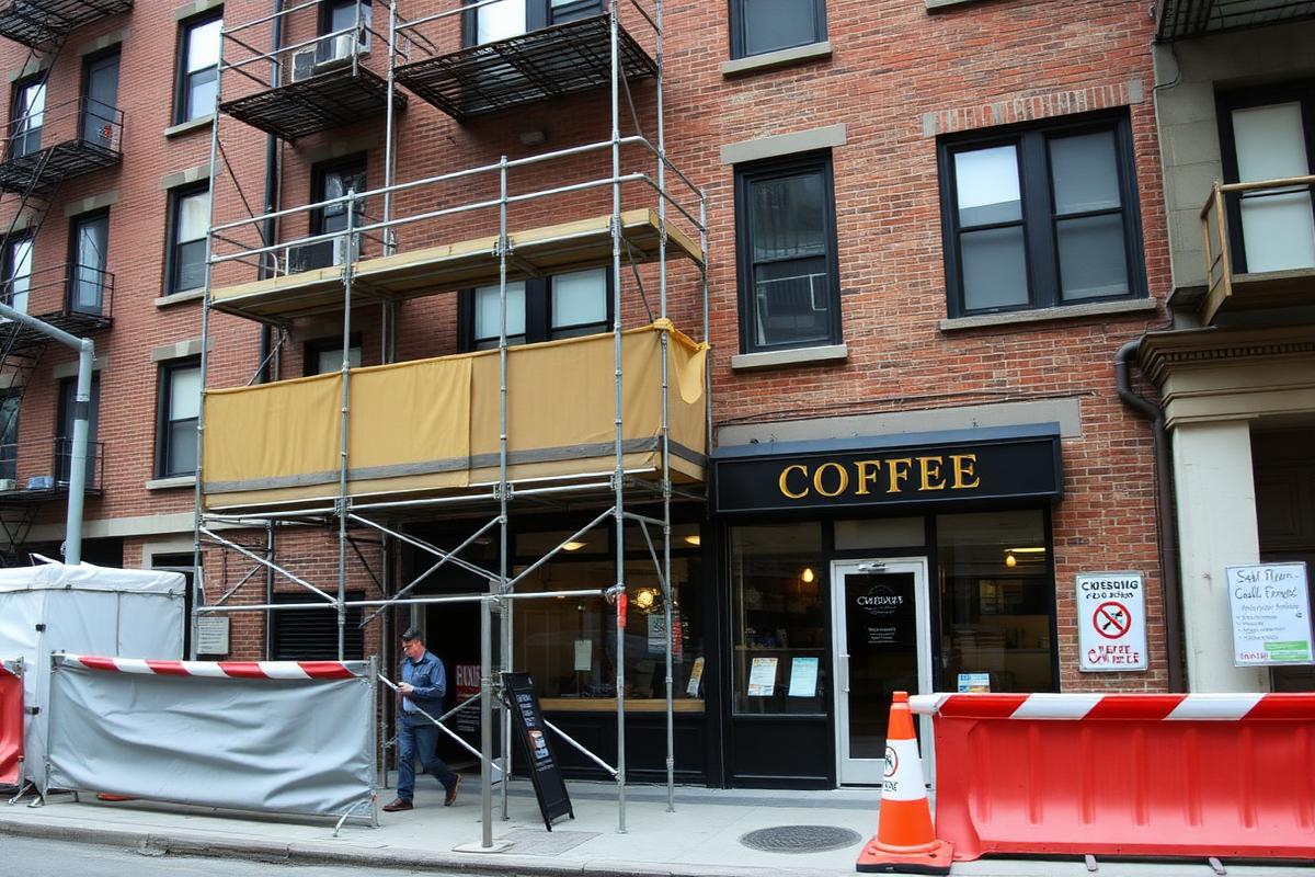 Sidewalk scaffolding outside a New York City apartment building