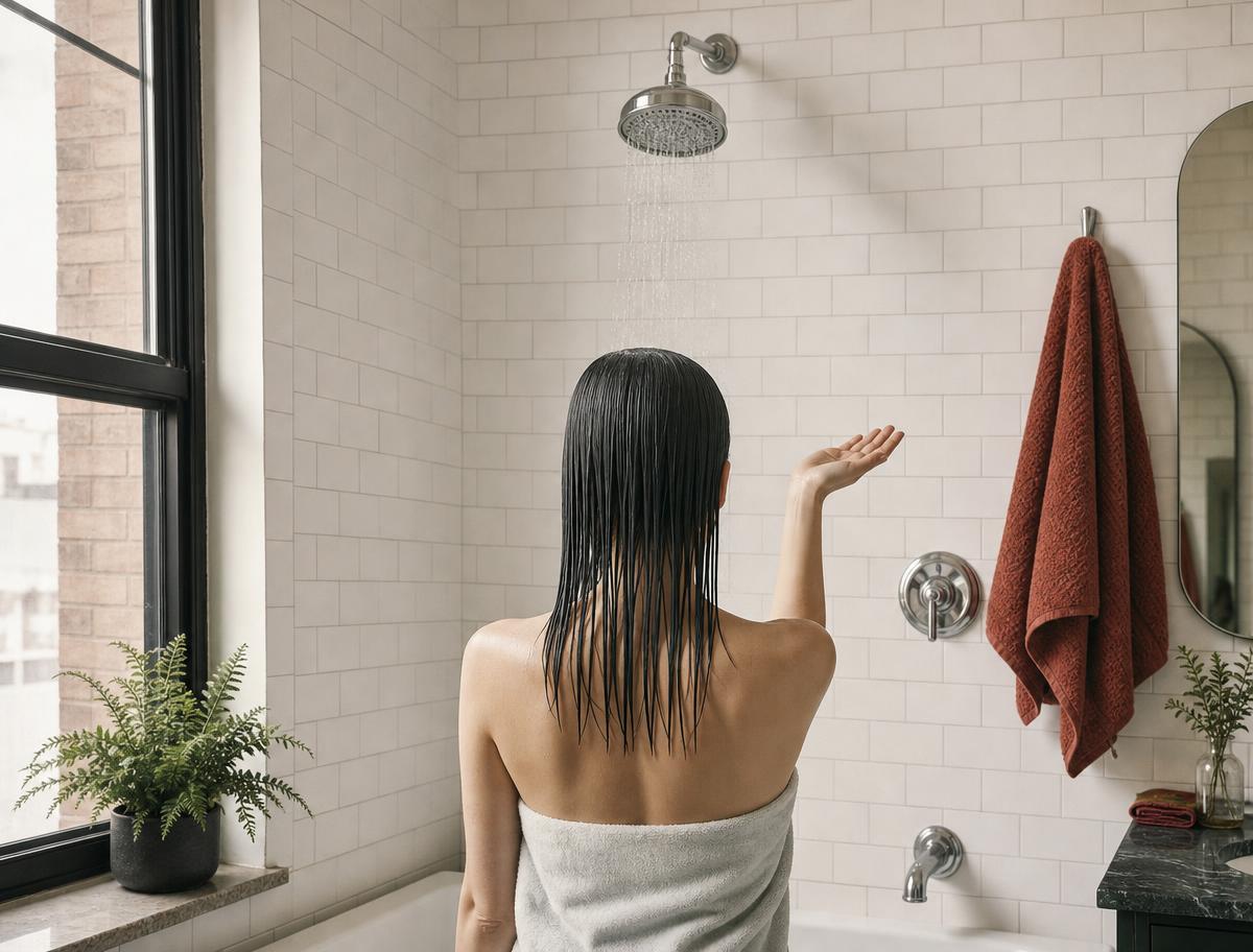 Flat hair after a weak shower in a New York City apartment bathroom