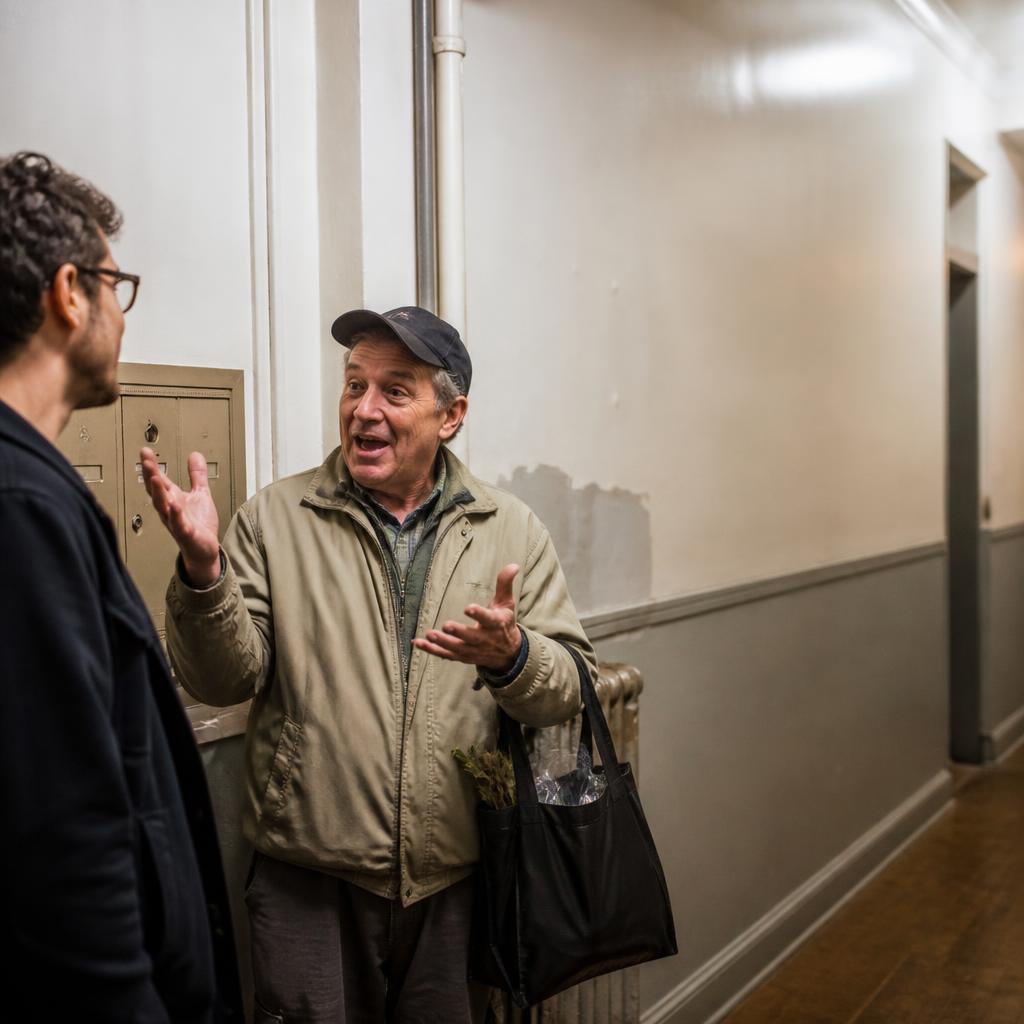 Two neighbors talking in an apartment building hallway