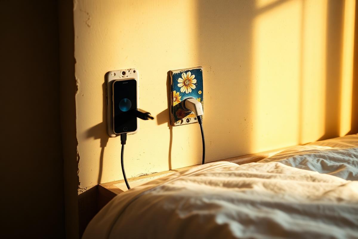 A phone charger plugged into an old outlet behind a bed