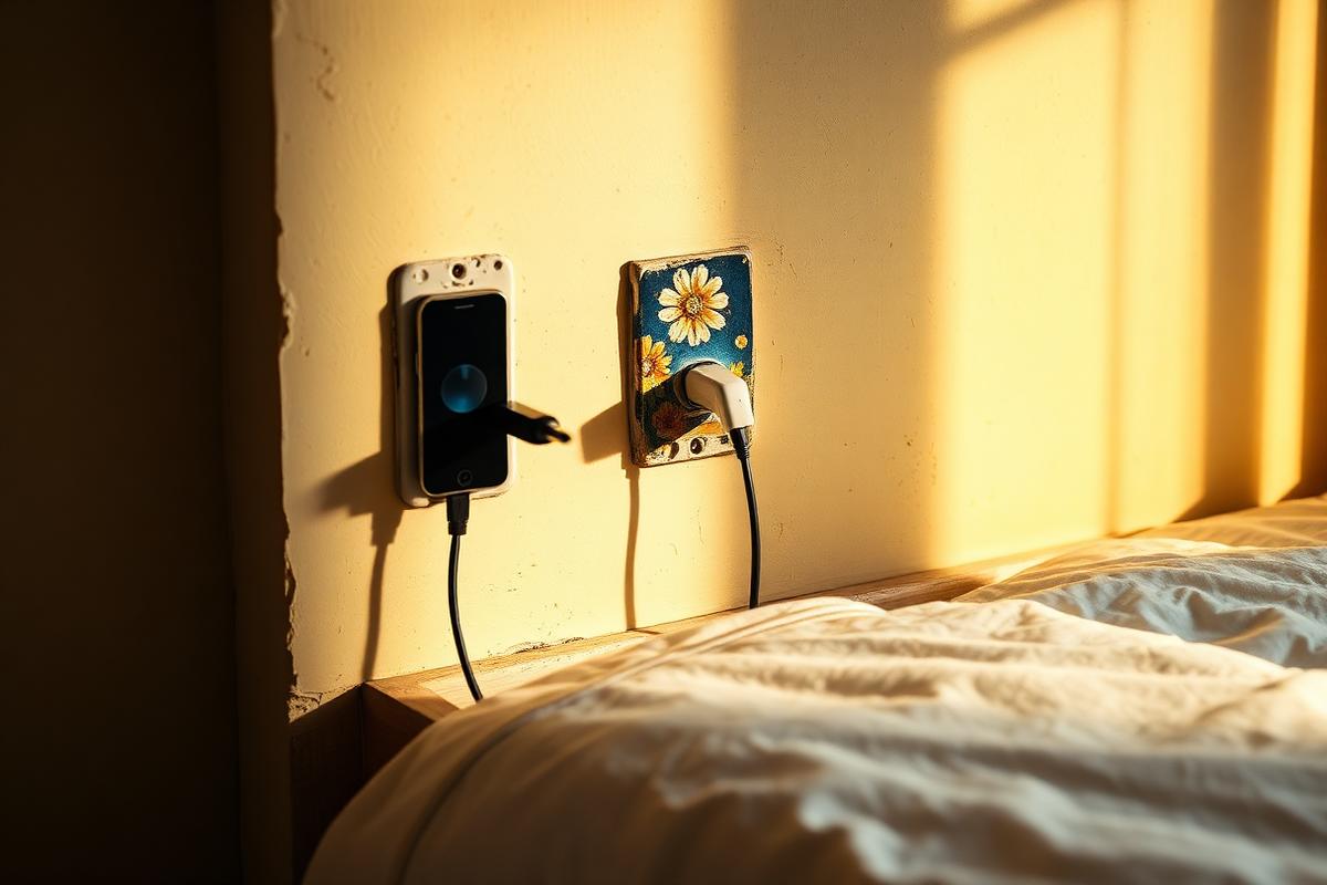 A phone charger plugged into an old outlet behind a bed