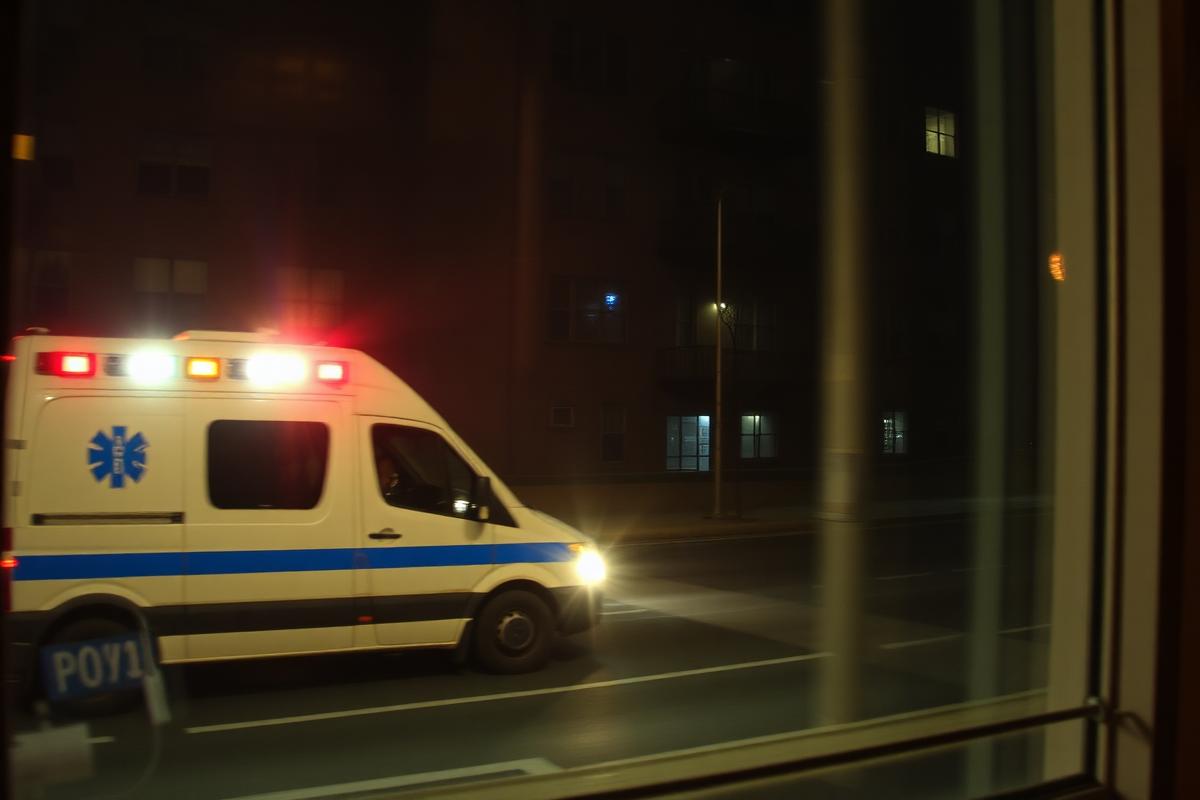 An ambulance passing a New York City apartment building at night