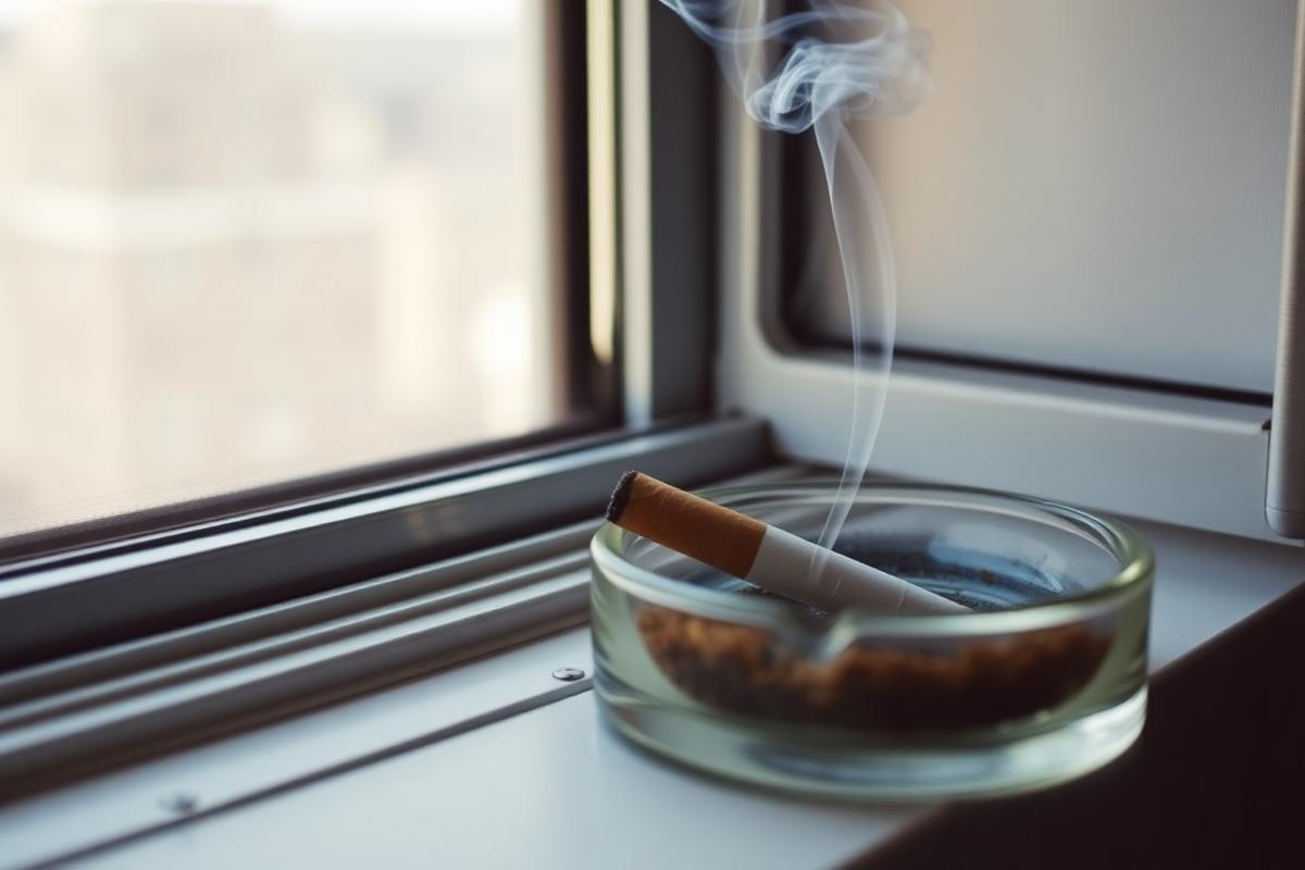 A cigarette burning on an apartment windowsill