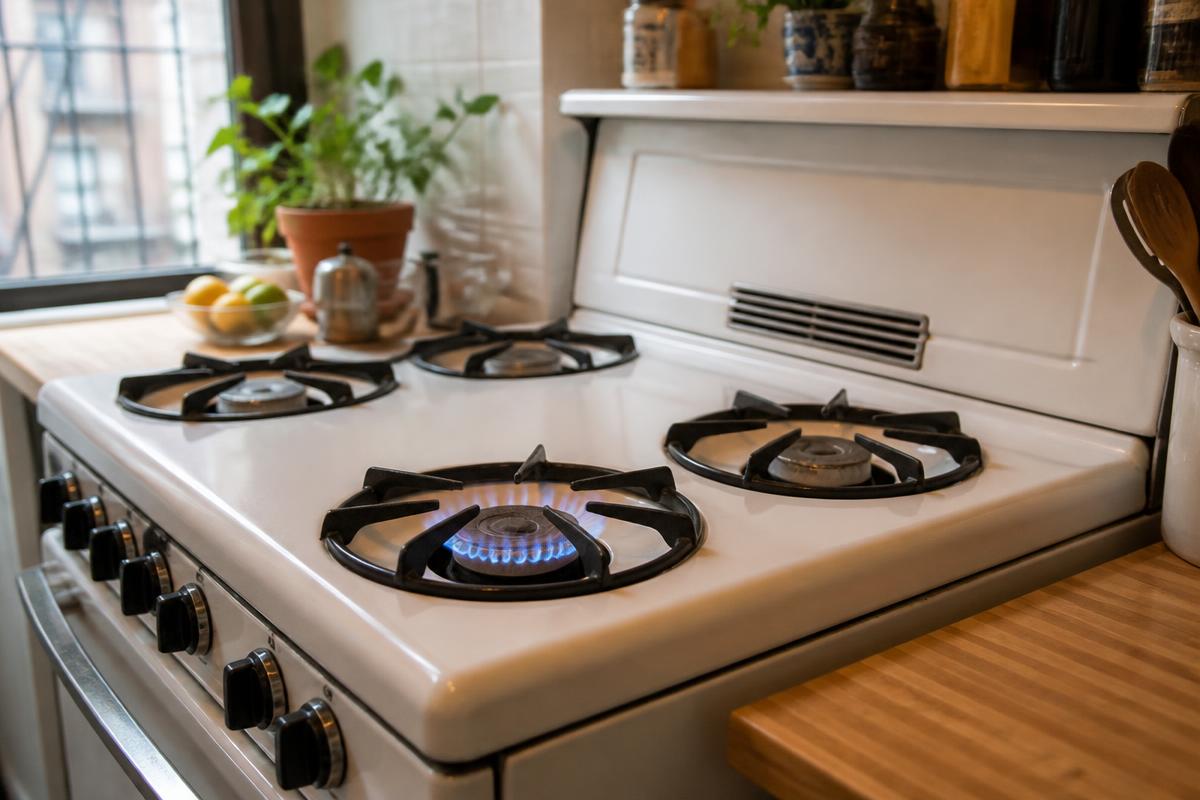 A five-burner gas stove in a New York City apartment kitchen