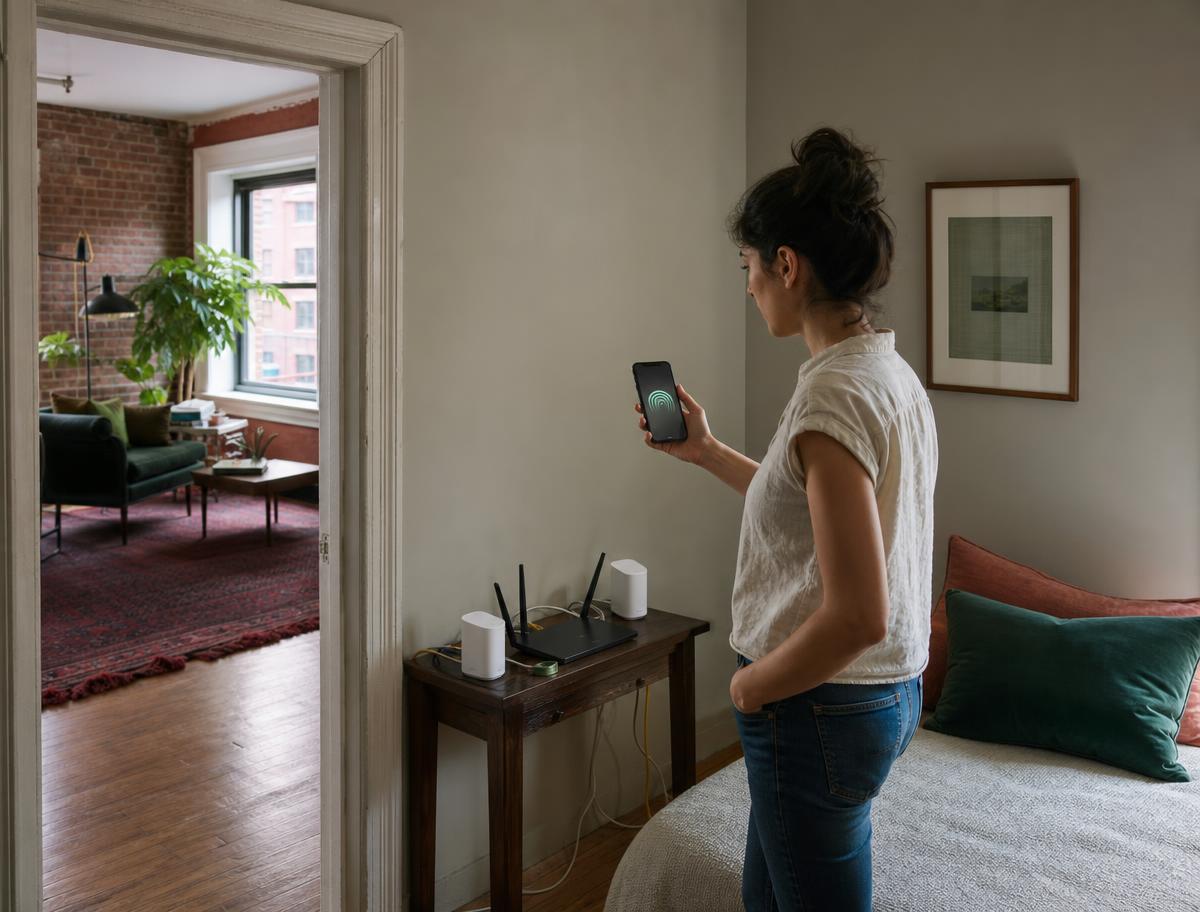 Testing a Wi-Fi signal in the back bedroom of a New York City apartment