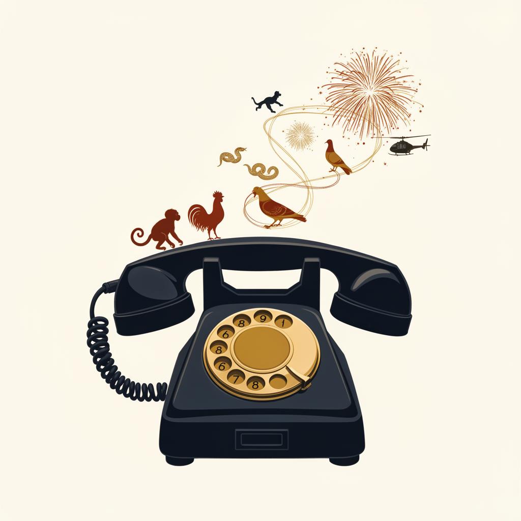 Editorial illustration of a vintage rotary phone with a monkey, rooster, snake, pigeon, helicopter, and firework swirling out of the receiver