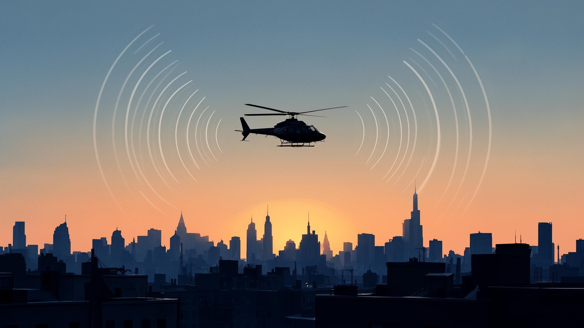 Editorial illustration of a single helicopter over the Manhattan skyline at dusk with sound waves rippling across the rooftops