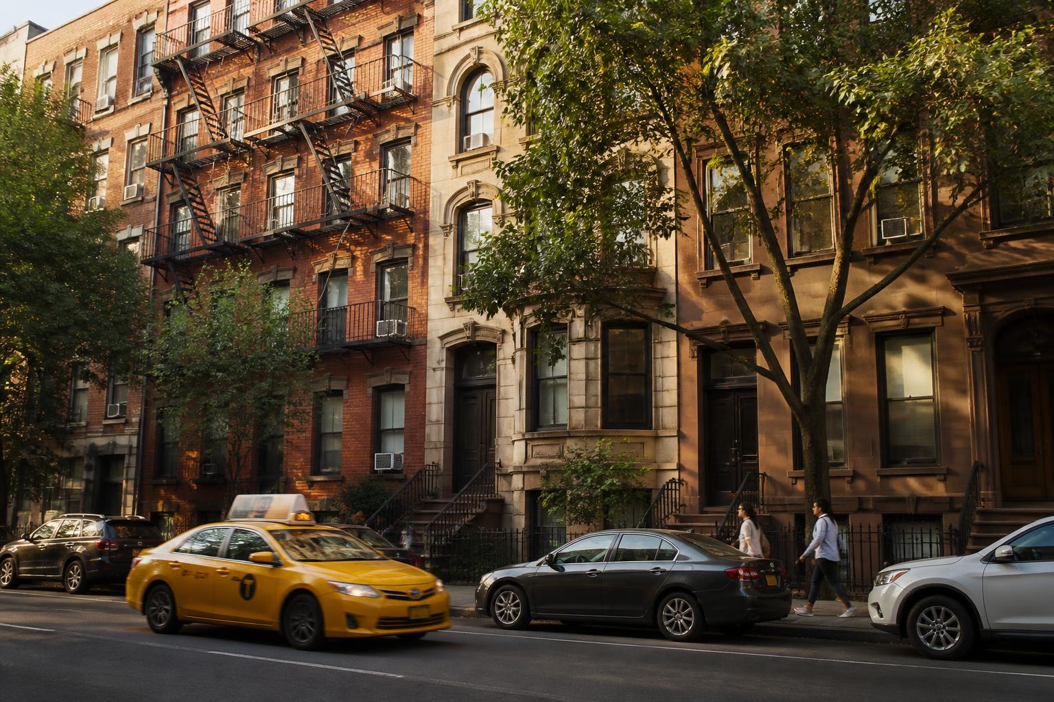 New York City apartment buildings along a tree-lined street with window air conditioners and traffic.