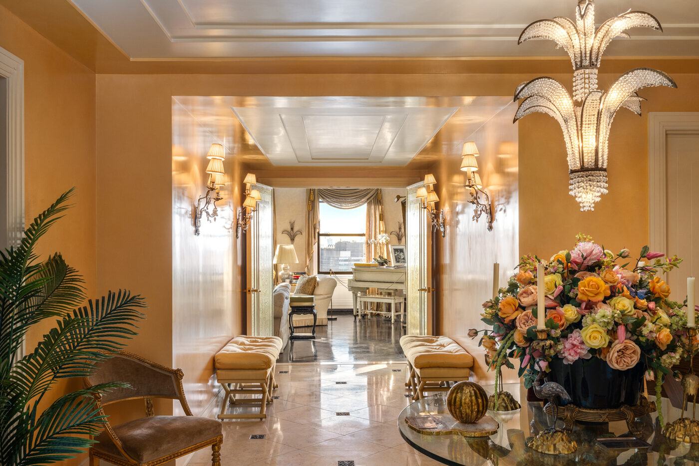 Inside the Mario Buatta–designed great room at the triplex